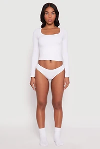 Womens Ribbed Knit Seamless Thong Panty, White,