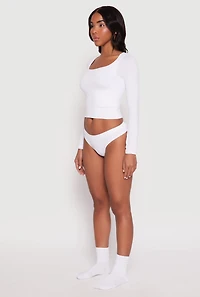 Womens Ribbed Knit Seamless Thong Panty, White,