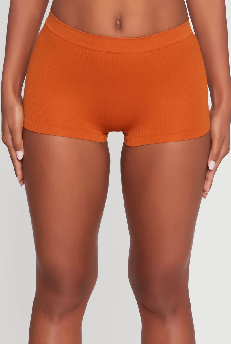 Womens Seamless Ribbed Knit Comfort Boyshort Panty, Orange, Size XL