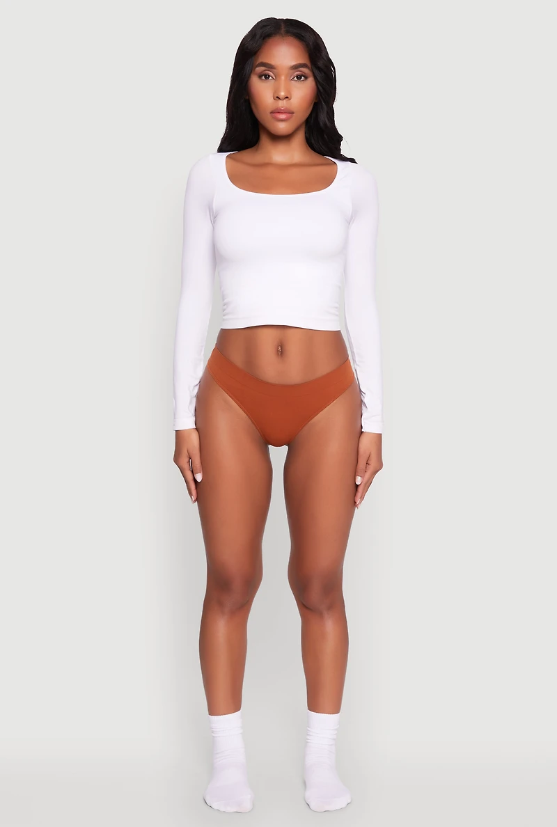 Womens Sleek Seamless Solid Thong, Brown, Size L