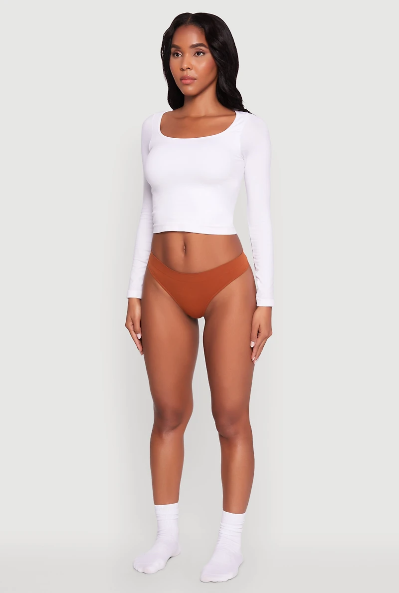 Womens Sleek Seamless Solid Thong, Brown, Size S