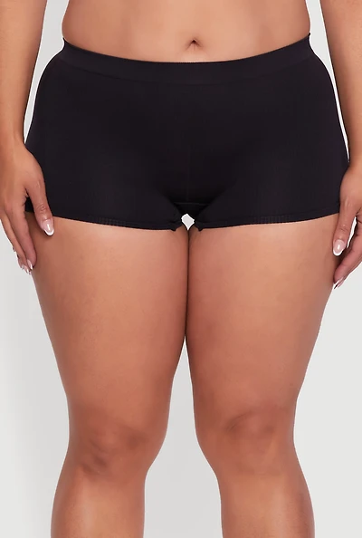 Womens Plus Solid Seamless Rib Knit Boyshort Panty, Black,