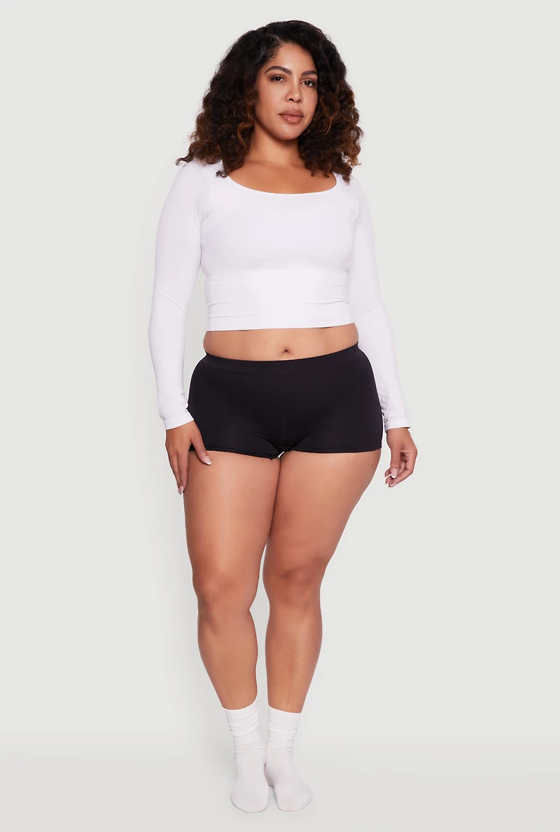 Womens Plus Solid Seamless Rib Knit Boyshort Panty, Black,