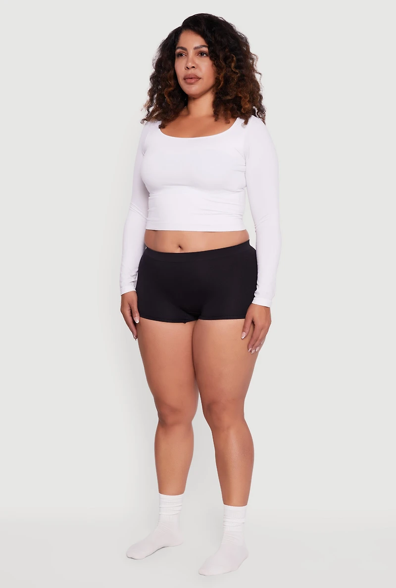 Womens Plus Solid Seamless Rib Knit Boyshort Panty, Black,