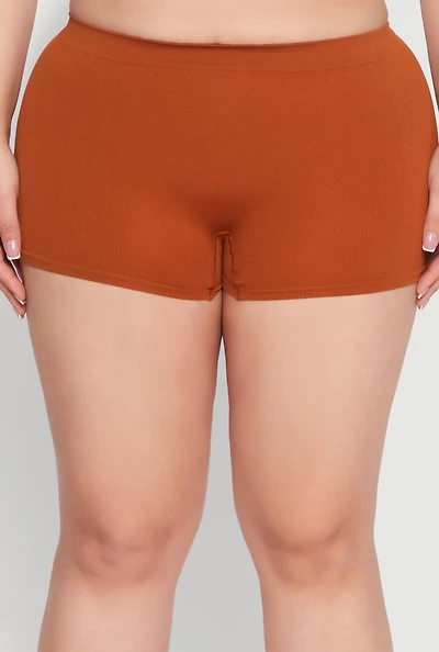 Womens Plus Size Rib Knit Seamless Boyshort Panty, Brown, Size 2X