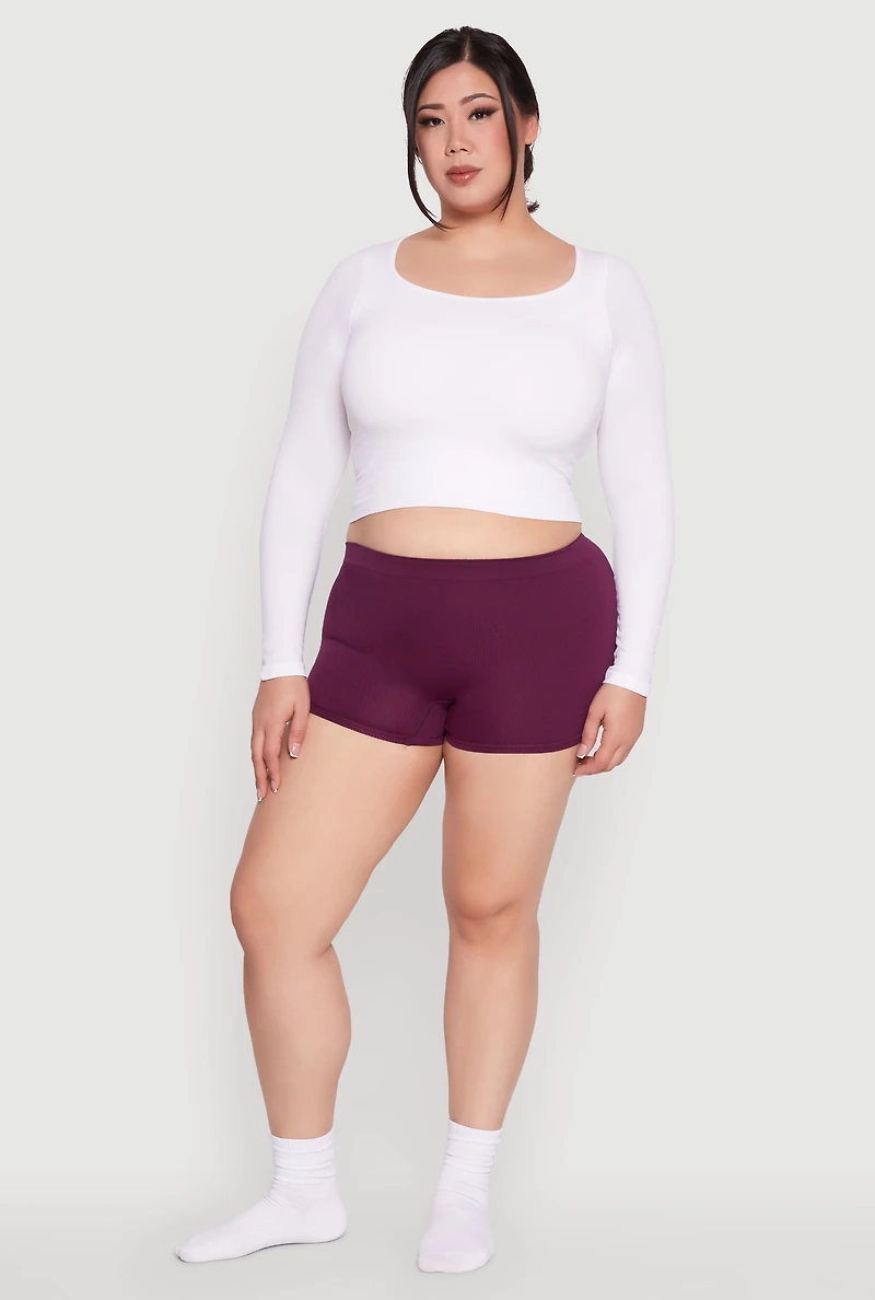 Womens Plus Size Rib Knit Seamless Boyshort Panty, Purple, Size 3X