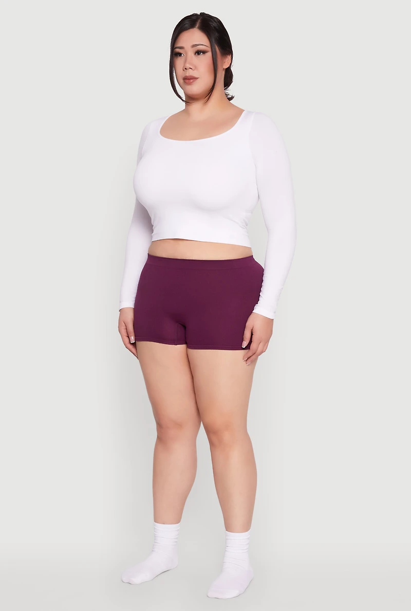 Womens Plus Size Rib Knit Seamless Boyshort Panty, Purple, Size 3X