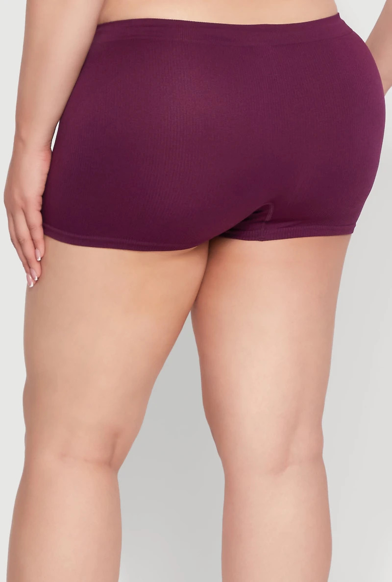 Womens Plus Size Rib Knit Seamless Boyshort Panty, Purple, Size 3X