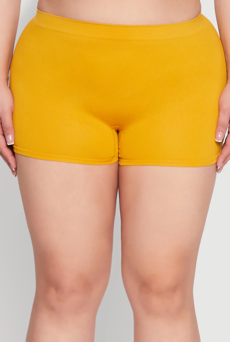 Womens Plus Size Rib Knit Seamless Boyshort Panty, Yellow, Size 2X