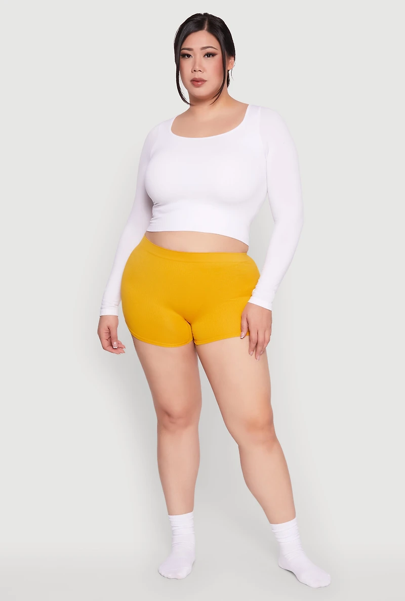 Womens Plus Size Rib Knit Seamless Boyshort Panty, Yellow, Size 2X