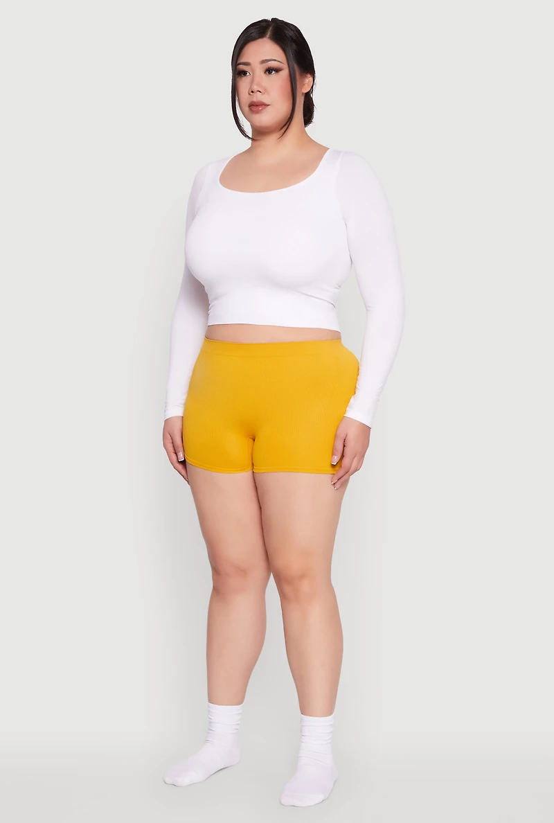 Womens Plus Size Rib Knit Seamless Boyshort Panty, Yellow, Size 2X