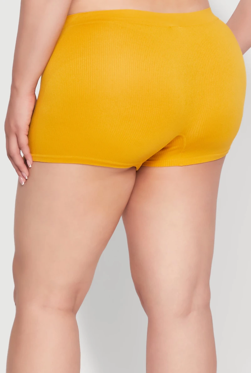 Womens Plus Size Rib Knit Seamless Boyshort Panty, Yellow, Size 2X