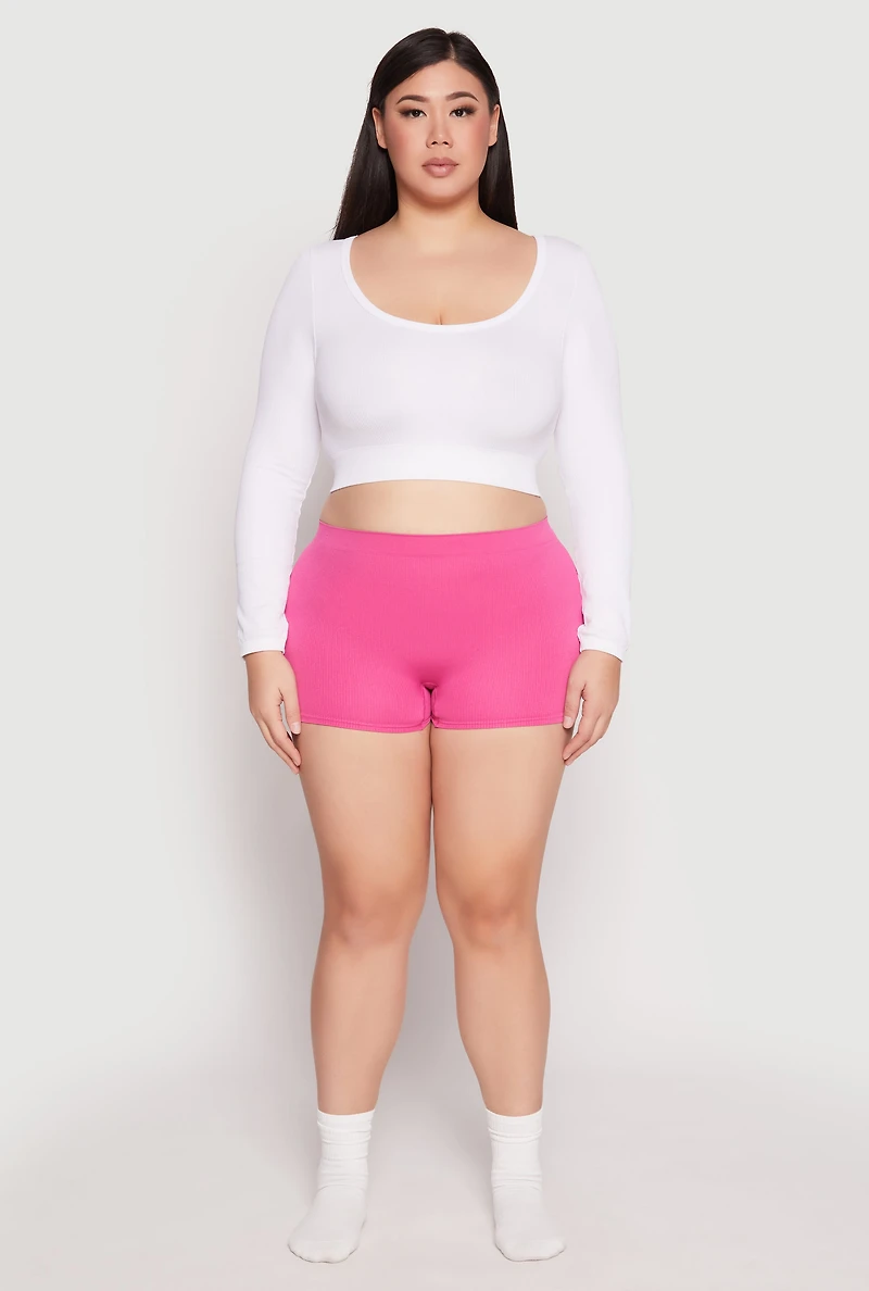 Womens Plus Size Ribbed Seamless Boyshort Panty, Pink, Size 3X
