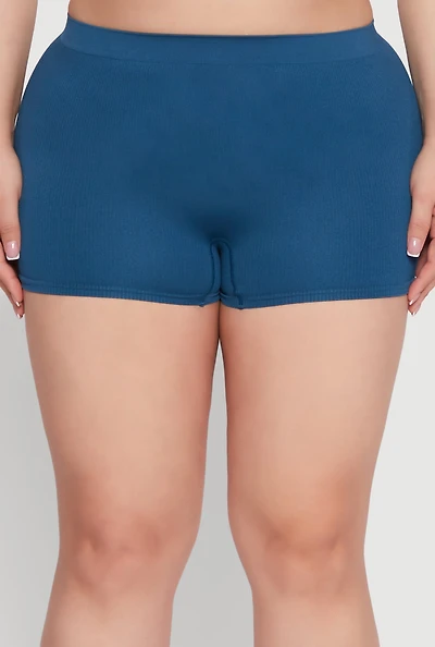Womens Plus Size High Waisted Seamless Ribbed Knit Boyshort Panty, Blue, Size 2X