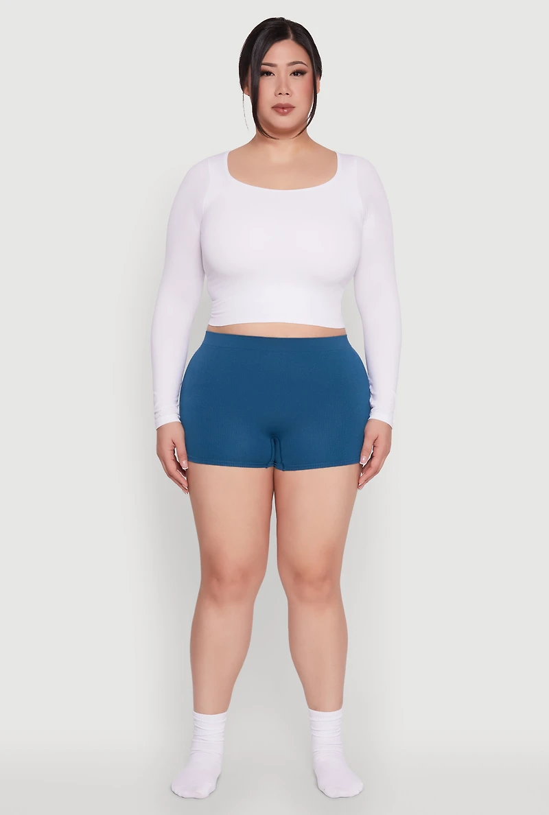 Womens Plus High Waisted Seamless Ribbed Knit Boyshort Panty, Blue,