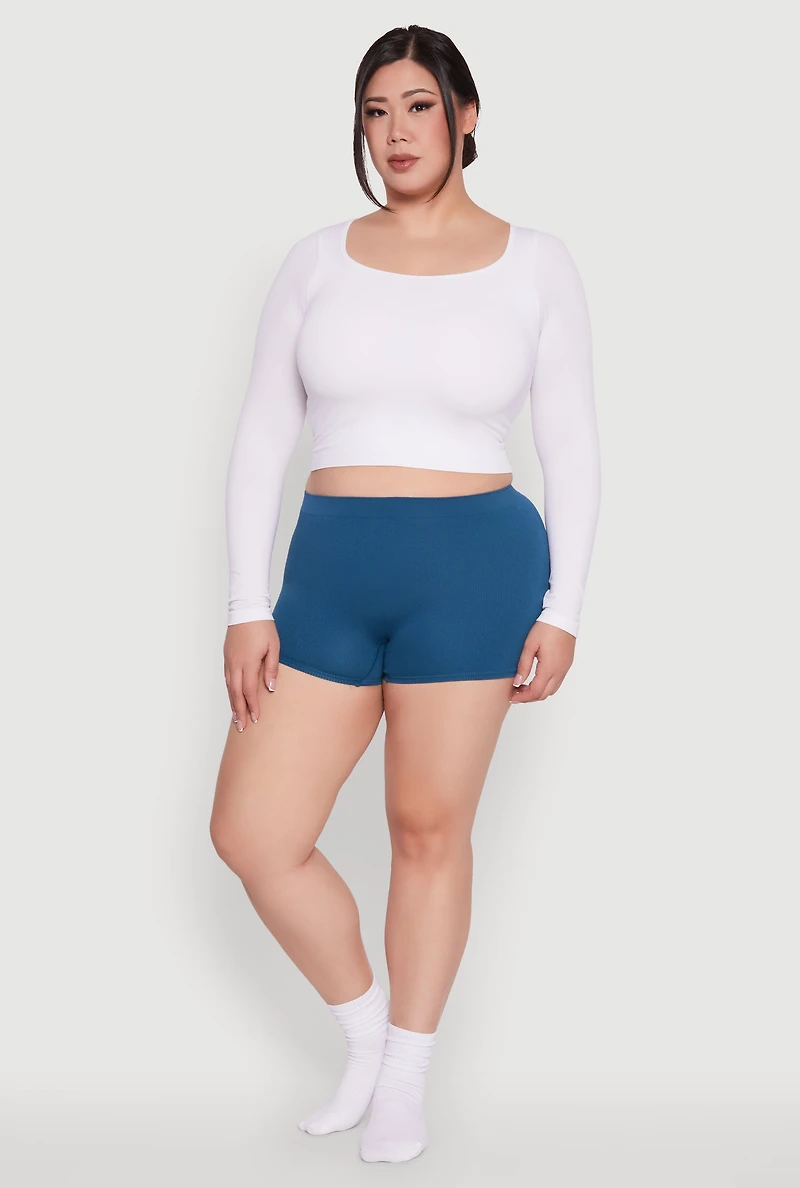 Womens Plus High Waisted Seamless Ribbed Knit Boyshort Panty, 1X