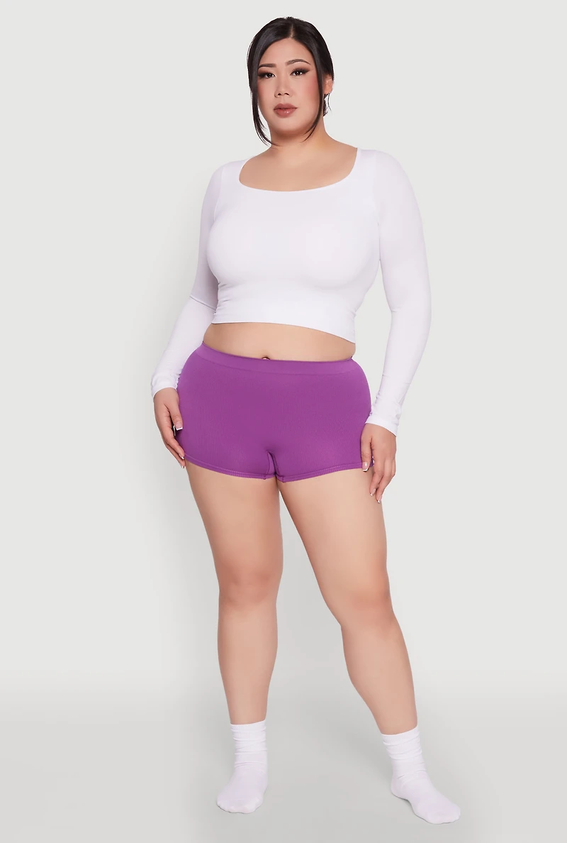 Womens Plus Size High Waisted Seamless Ribbed Knit Boyshort Panty, Purple, Size 1X