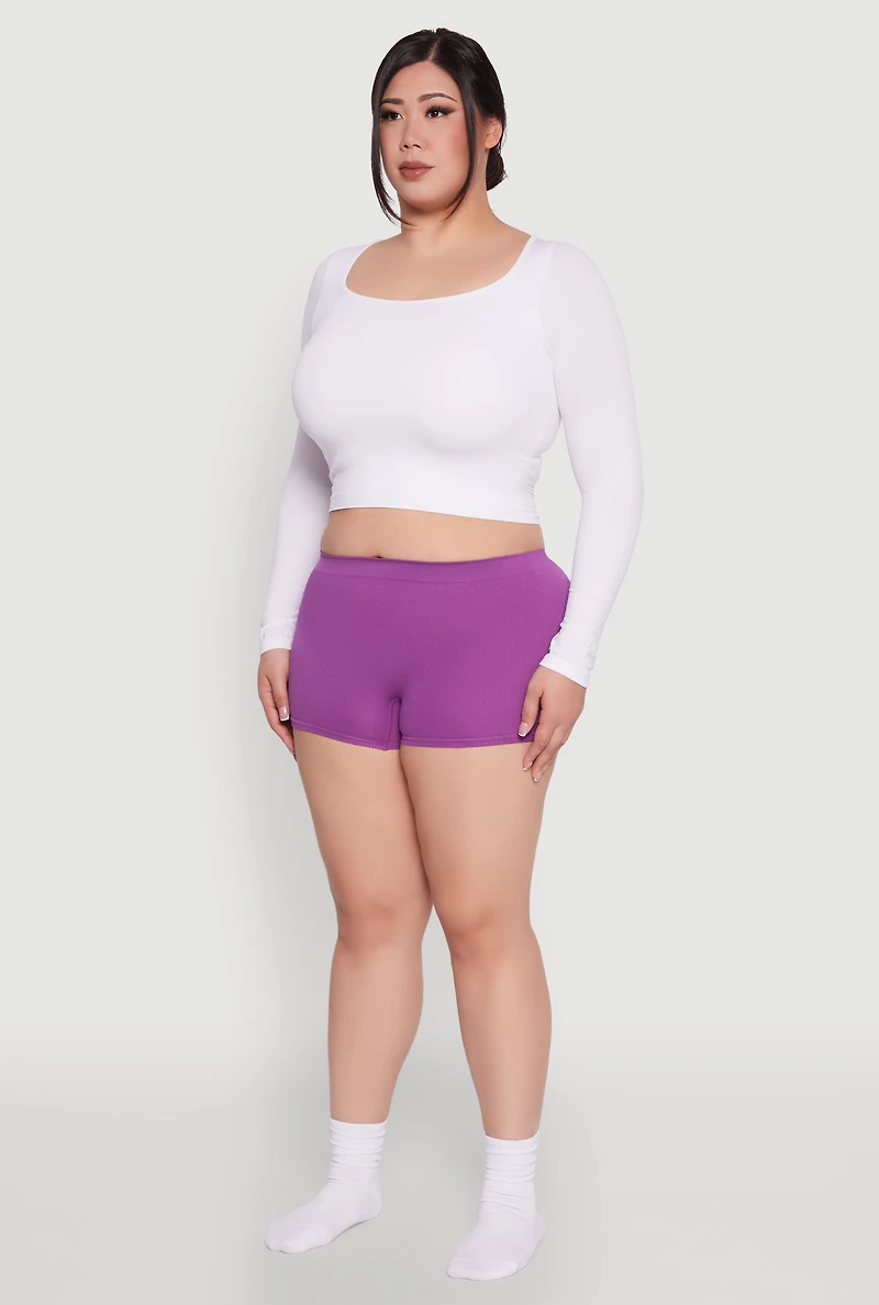 Womens Plus Size High Waisted Seamless Ribbed Knit Boyshort Panty, Purple, Size 1X