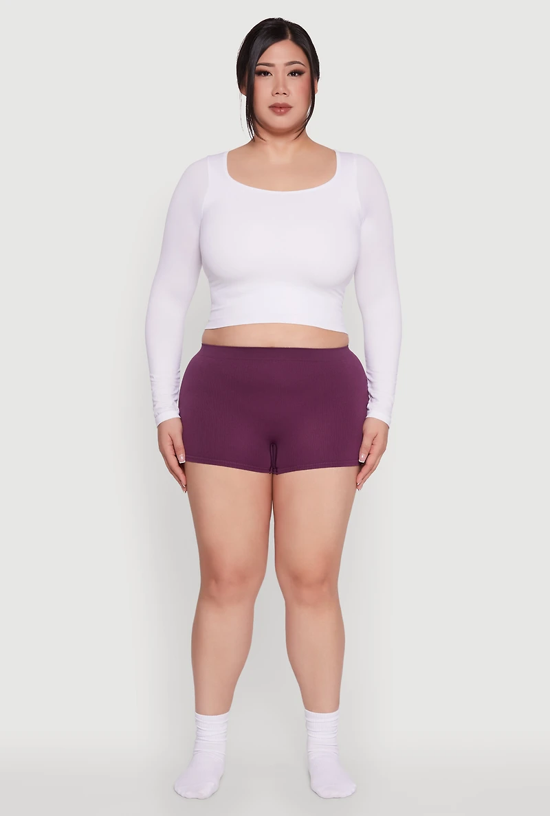 Womens Plus Size High Waisted Seamless Ribbed Knit Boyshort Panty, Purple, Size 3X