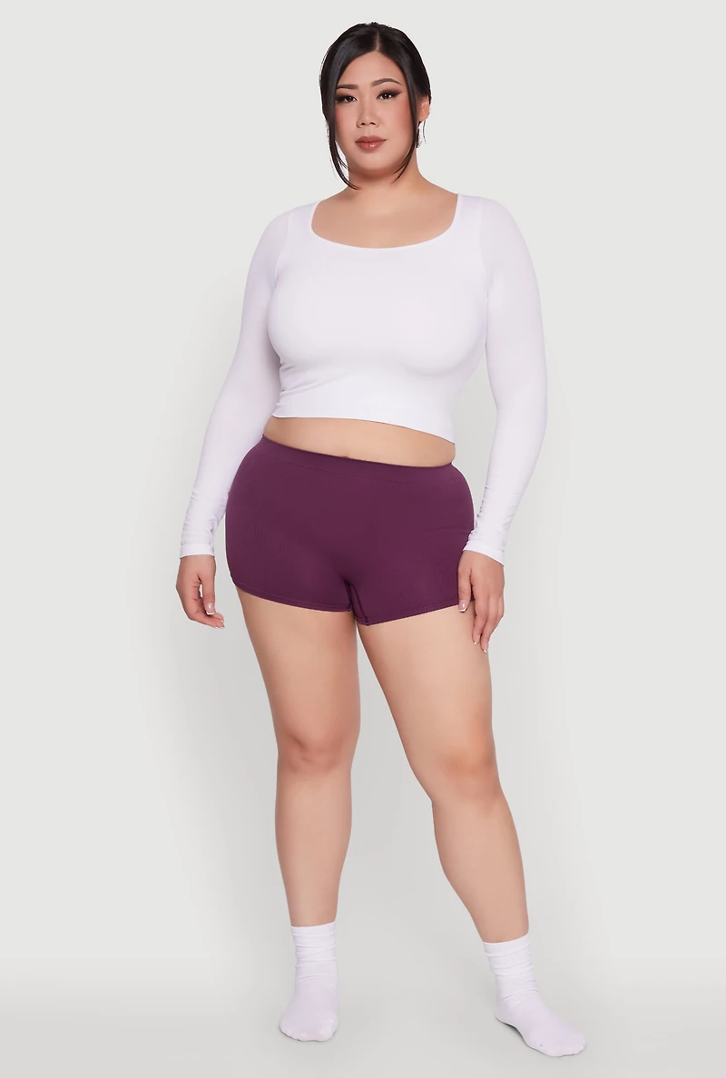 Womens Plus Size High Waisted Seamless Ribbed Knit Boyshort Panty, Purple, Size 3X