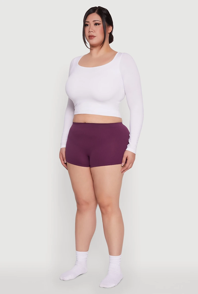 Womens Plus Size High Waisted Seamless Ribbed Knit Boyshort Panty, Purple, Size 3X