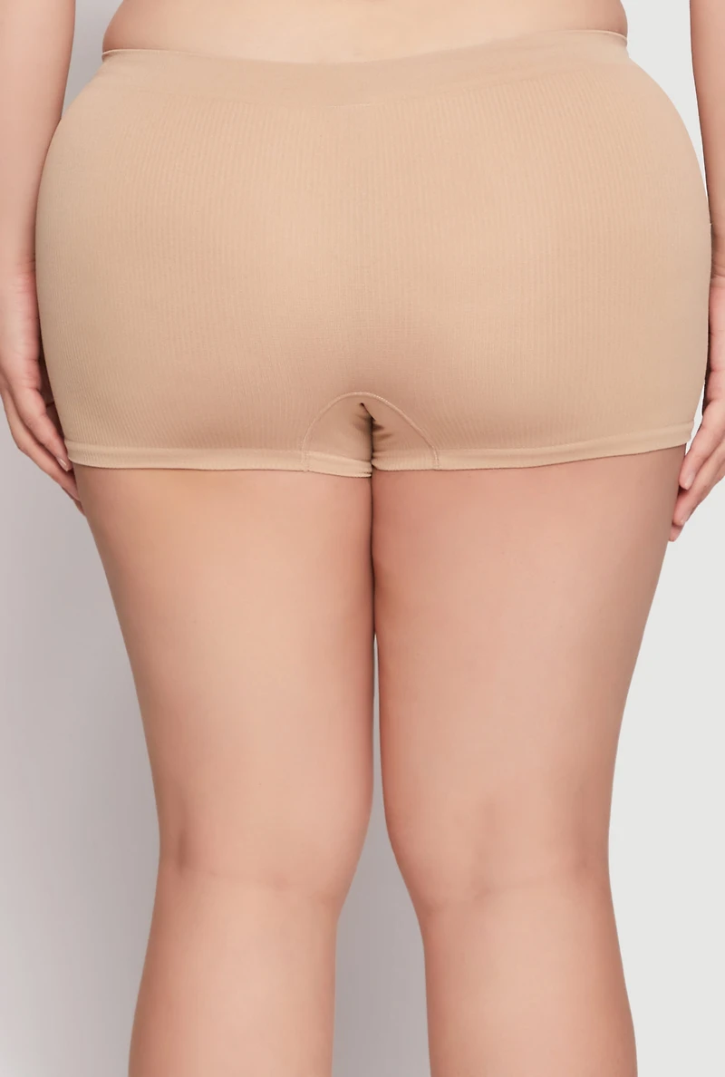 Womens Plus Size Ribbed Knit Seamless Boyshort Panty, Khaki, Size 3X