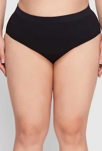 Womens Plus Size Seamless Ribbed Knit Hipster Panty, Black, Size 1X