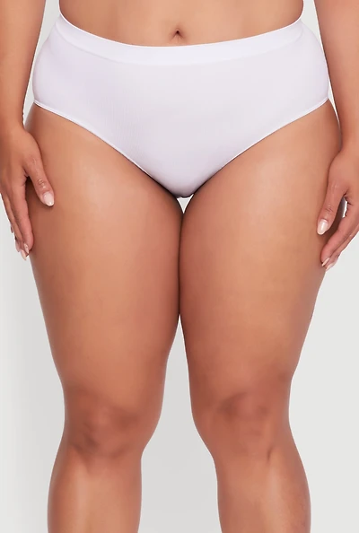 Womens Plus Size Seamless Ribbed Knit Solid Bikini Panty, White, Size 2X