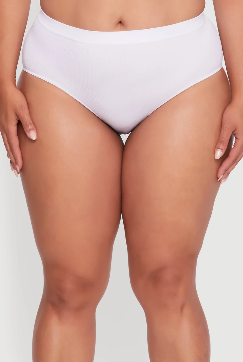 Womens Plus Size Seamless Ribbed Knit Solid Bikini Panty, White, Size 1X