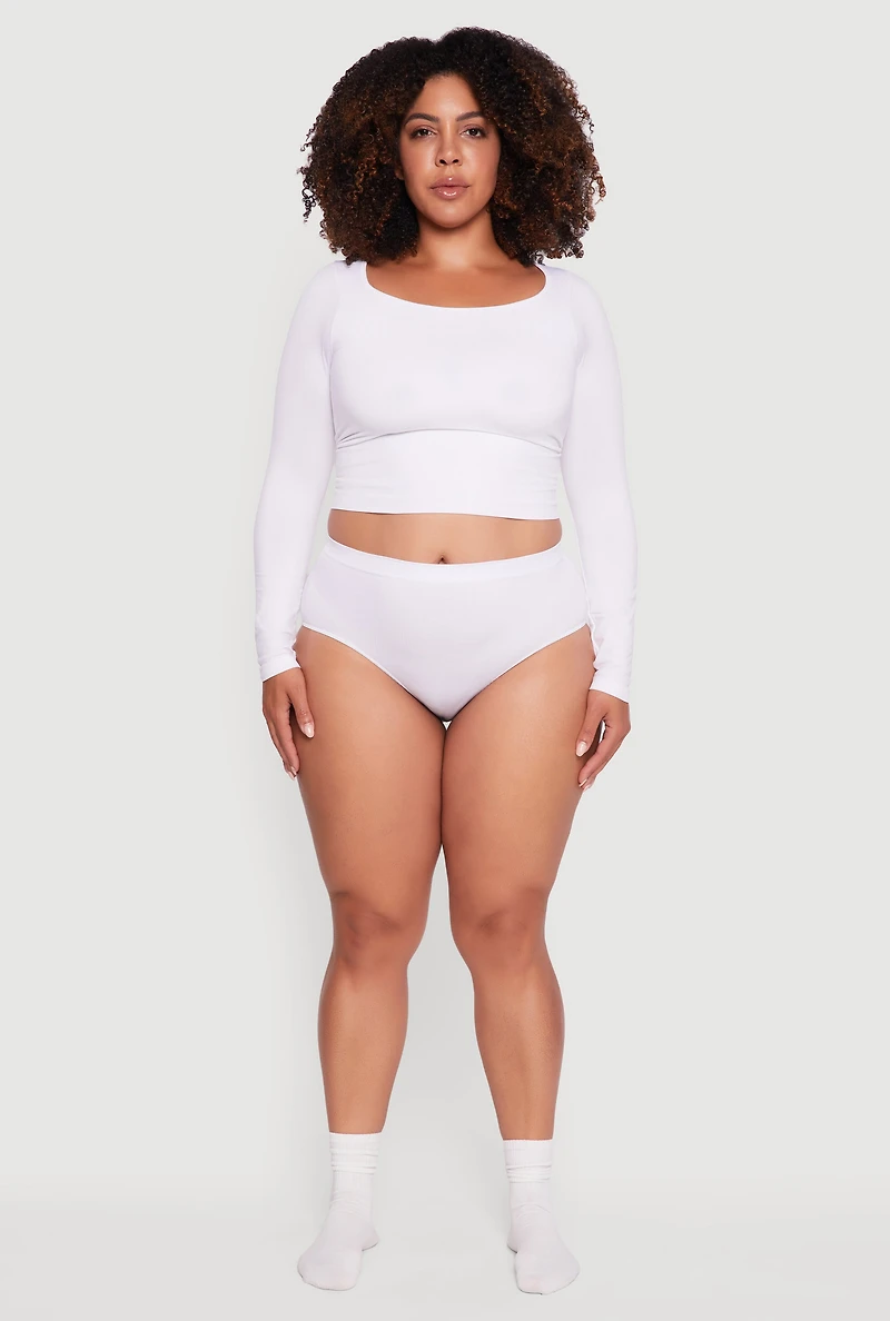 Womens Plus Size Seamless Ribbed Knit Solid Bikini Panty, White, Size 2X