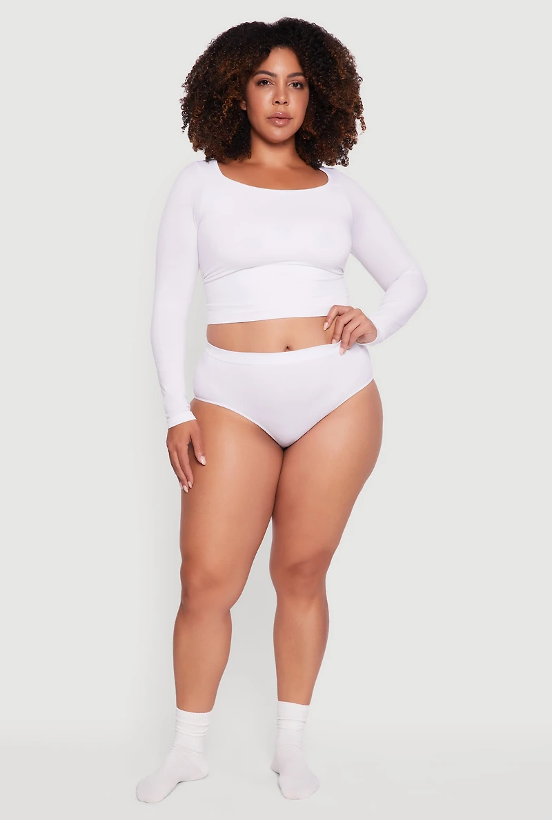 Womens Plus Size Seamless Ribbed Knit Solid Bikini Panty, White, Size 2X