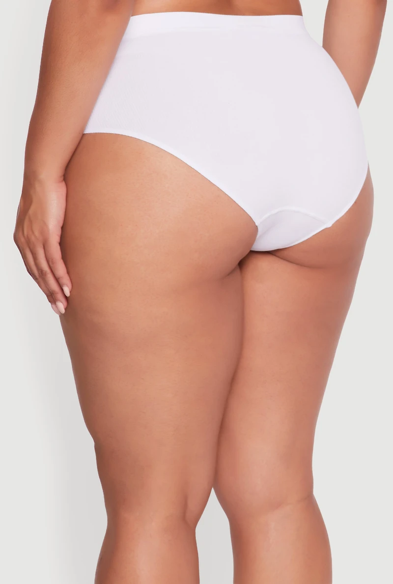 Womens Plus Size Seamless Ribbed Knit Solid Bikini Panty, White, Size 2X