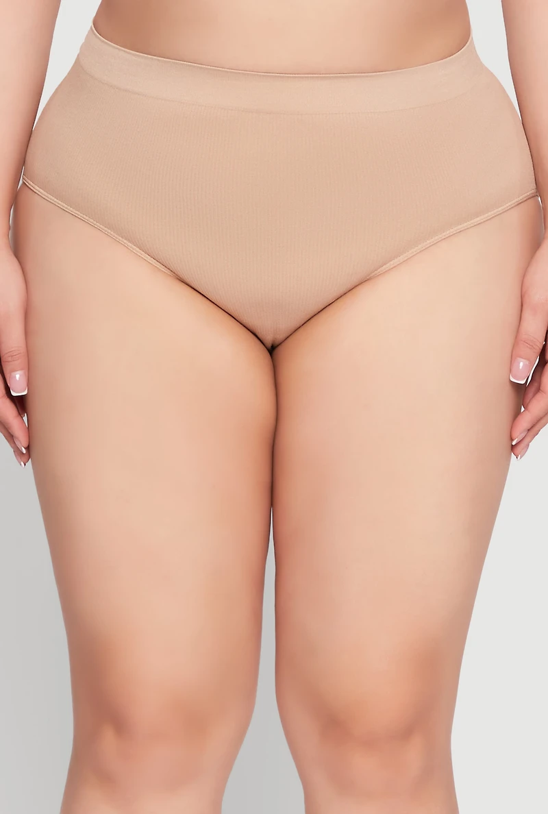 Womens Plus Seamless High Waisted Ribbed Knit Bikini Panty, Beige,