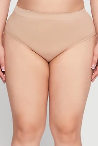Womens Plus Seamless High Waisted Ribbed Knit Bikini Panty, Beige,
