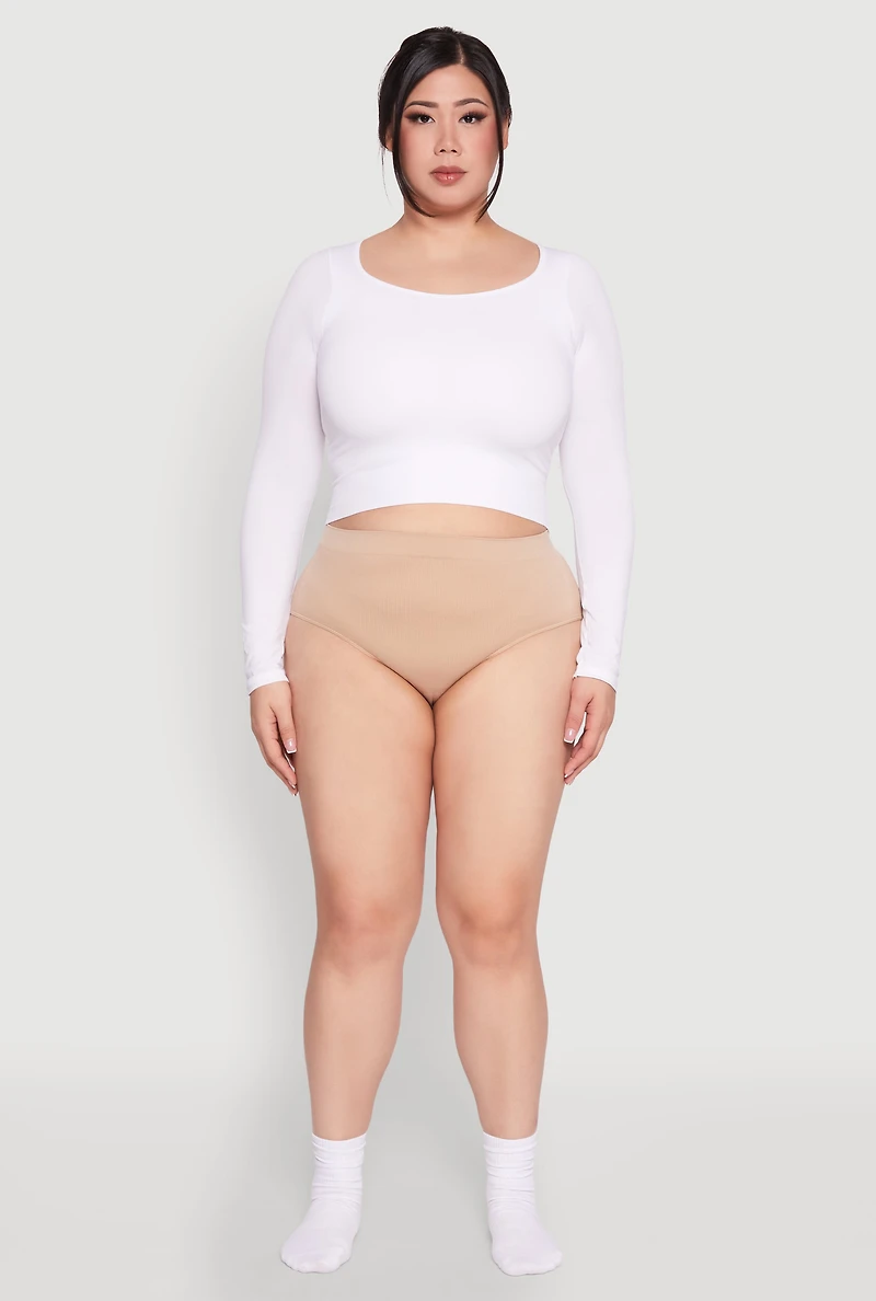 Womens Plus Size Seamless High Waisted Ribbed Knit Bikini Panty, Beige, Size 1X