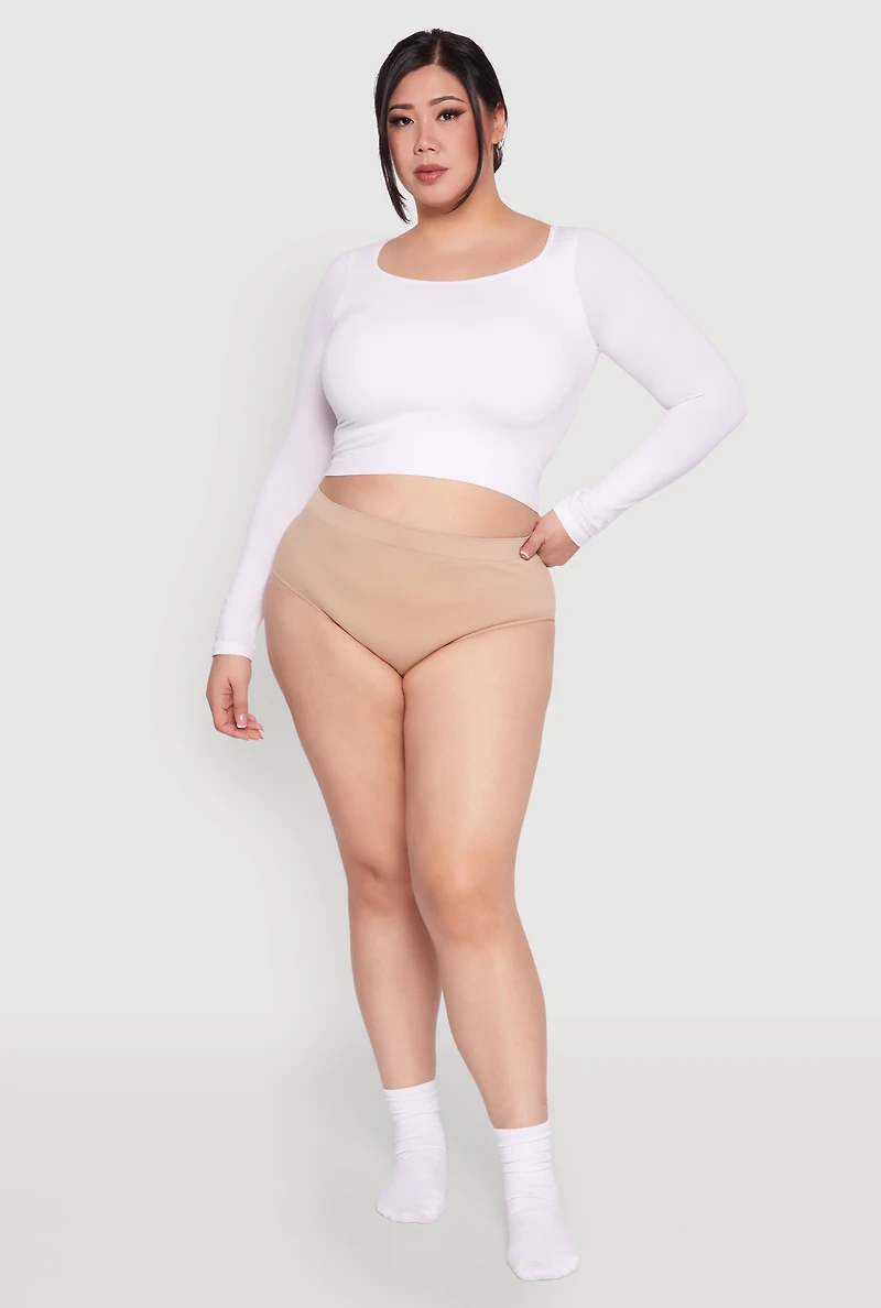 Womens Plus Size Seamless High Waisted Ribbed Knit Bikini Panty, Beige, Size 1X