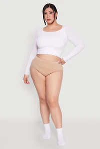 Womens Plus Seamless High Waisted Ribbed Knit Bikini Panty, Beige,