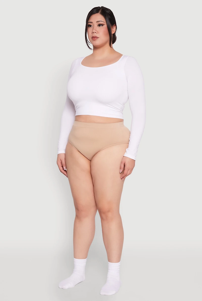 Womens Plus Size Seamless High Waisted Ribbed Knit Bikini Panty, Beige, Size 1X