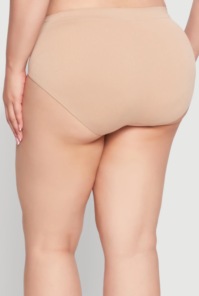 Womens Plus Size Seamless High Waisted Ribbed Knit Bikini Panty, Beige, Size 1X