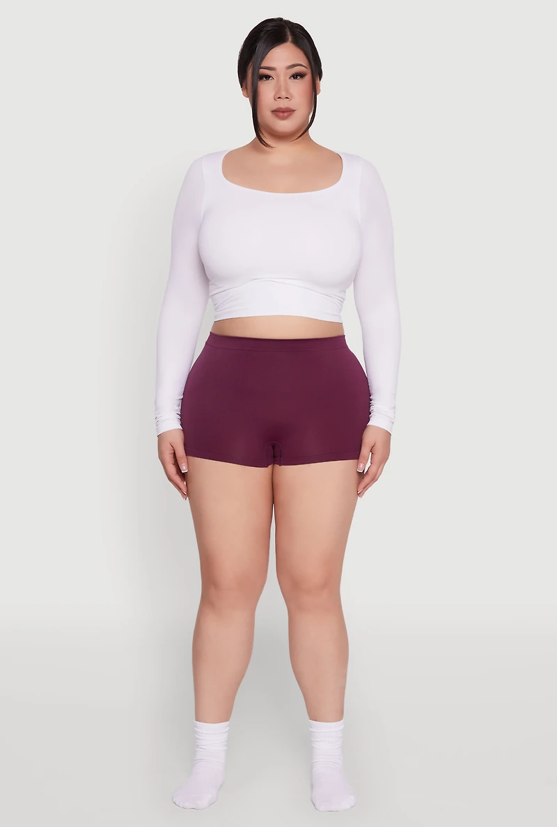 Womens Plus High Waisted Seamless Solid Boyshort Panty, Purple,