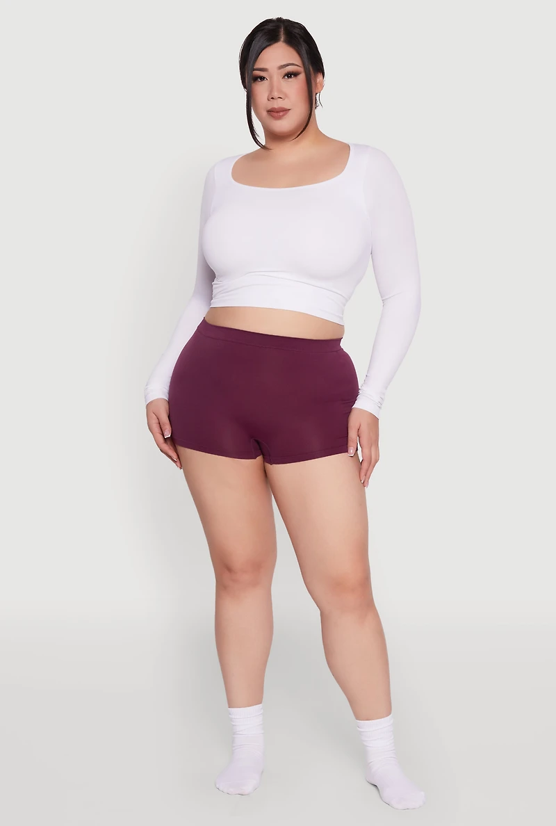 Womens Plus High Waisted Seamless Solid Boyshort Panty, Purple,