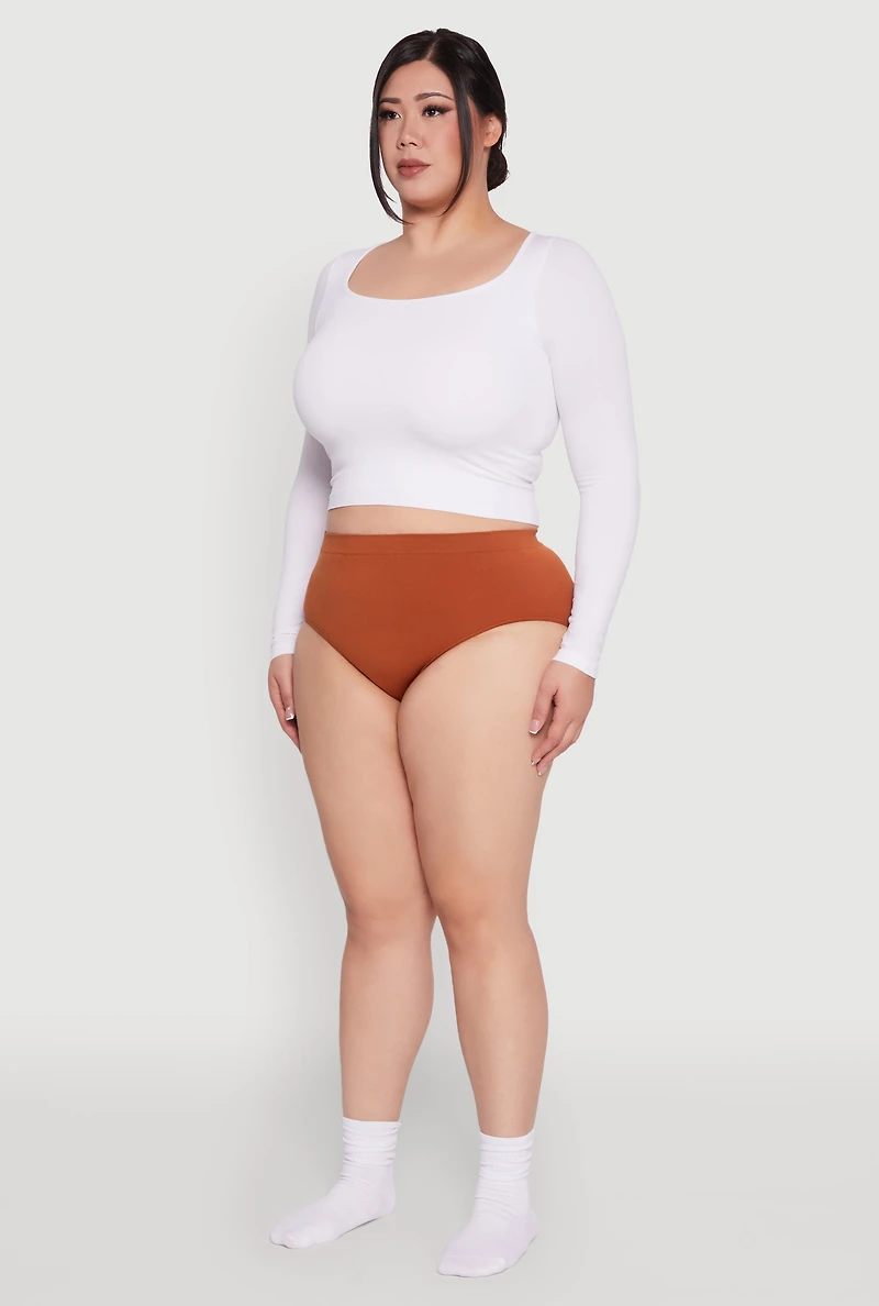 Womens Plus Size Seamless High Waisted Solid Bikini Panty, Brown, Size 2X
