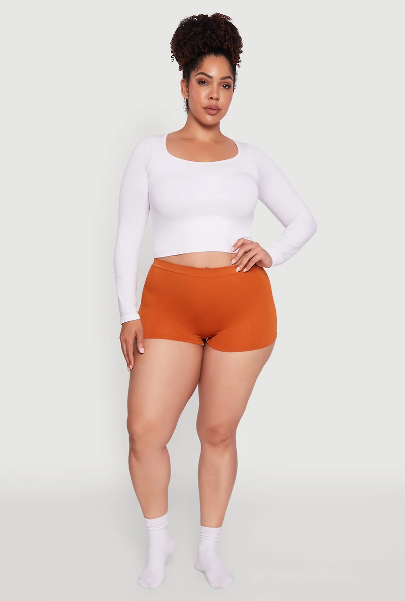 Womens Plus Seamless High Waisted Ribbed Knit Boyshort Panty,