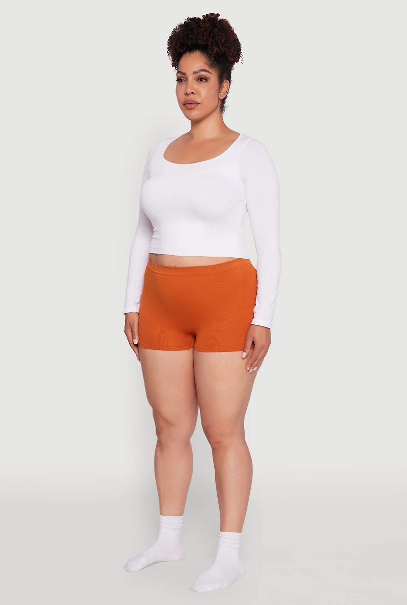 Womens Plus Size Seamless High Waisted Ribbed Knit Boyshort Panty, Orange, Size 1X