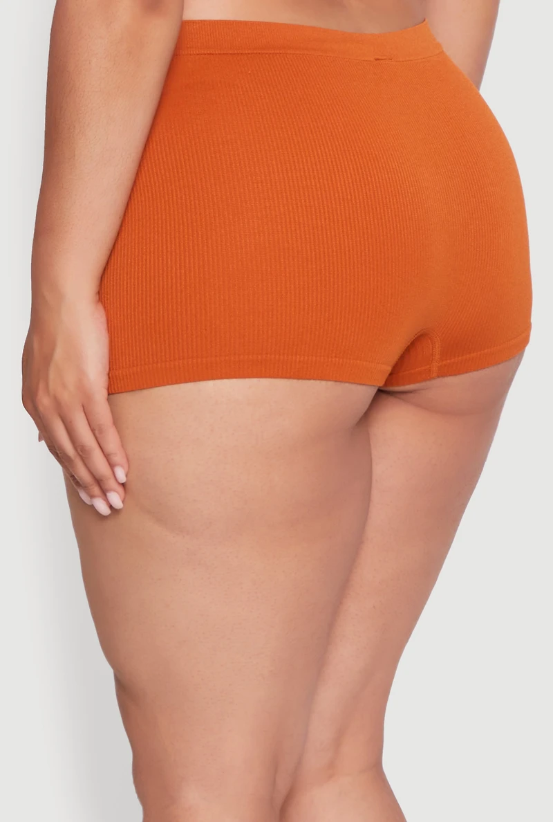 Womens Plus Seamless High Waisted Ribbed Knit Boyshort Panty,
