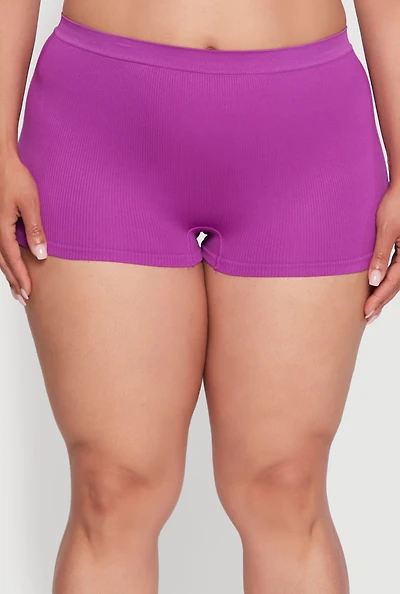 Womens Plus Size Seamless High Waisted Ribbed Knit Boyshort Panty, Purple, Size 2X