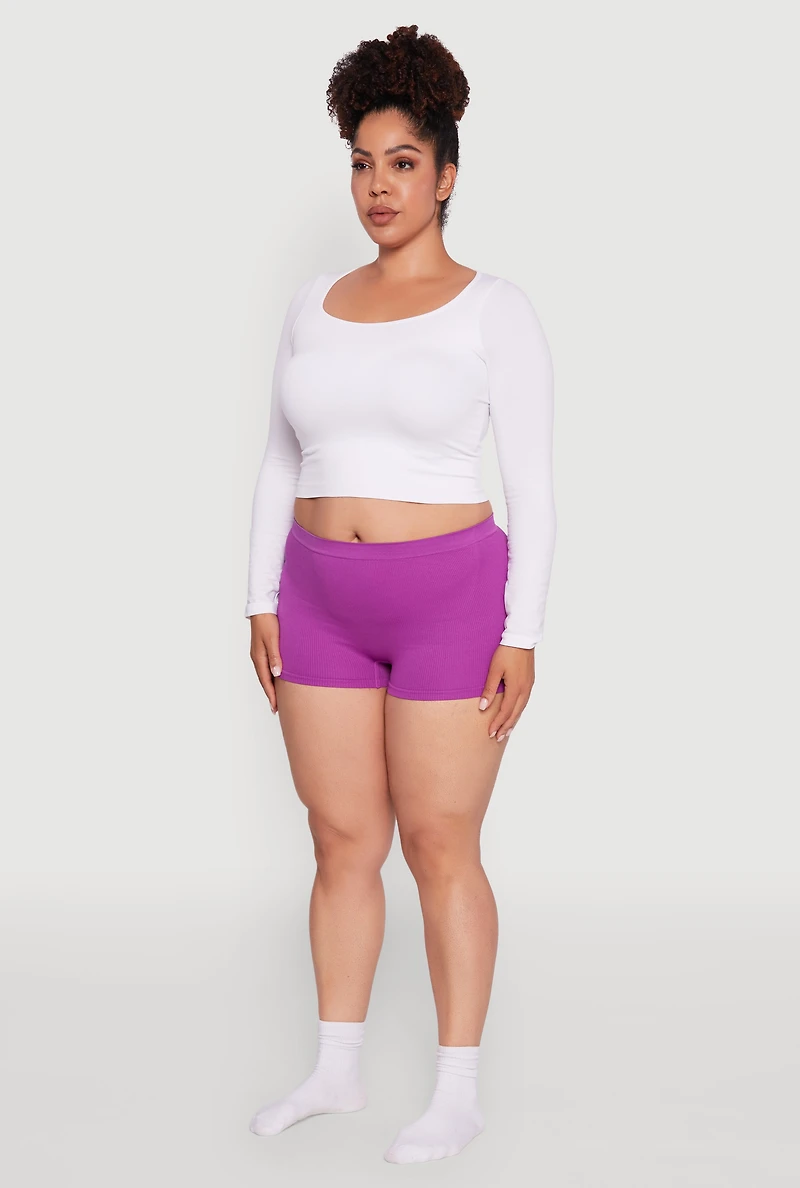 Womens Plus Size Seamless High Waisted Ribbed Knit Boyshort Panty, Purple, Size 2X