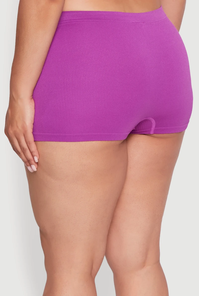 Womens Plus Size Seamless High Waisted Ribbed Knit Boyshort Panty, Purple, Size 2X