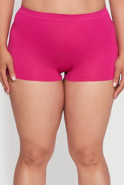 Womens Plus Size Seamless High Waisted Ribbed Knit Boyshort Panty, Pink, Size 2X