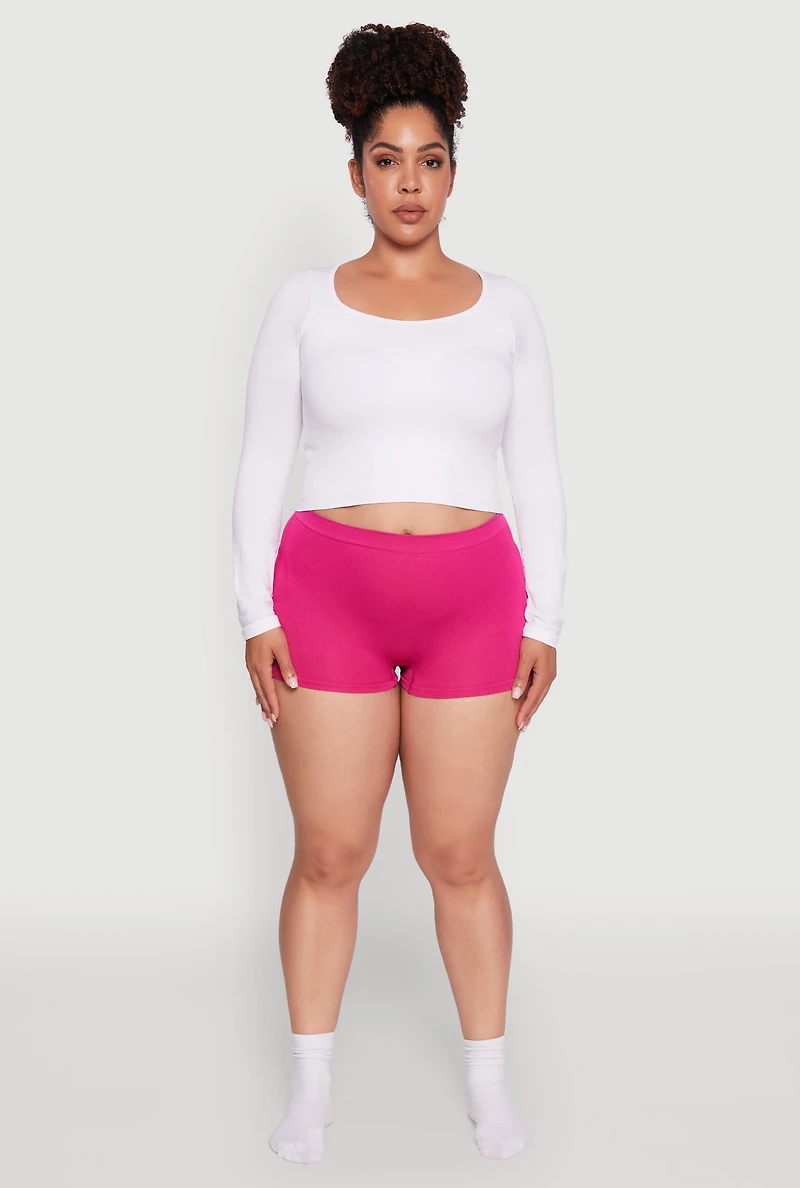 Womens Plus Size Seamless High Waisted Ribbed Knit Boyshort Panty, Pink, Size 2X